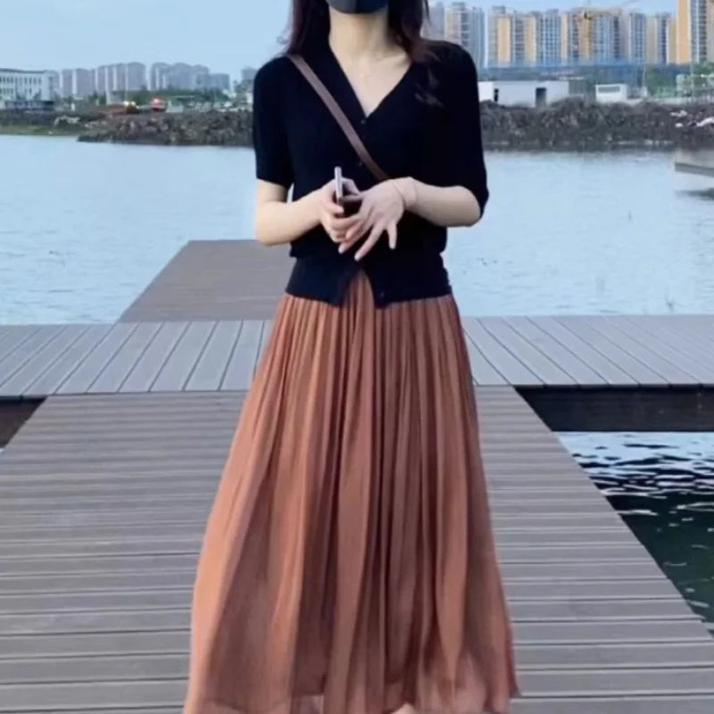 LVSANW New Spring and Summer Women's Solid Color High Waist Elastic Gauze Pleated A-Line Appear Thin Fashion Casual All Match Skirt