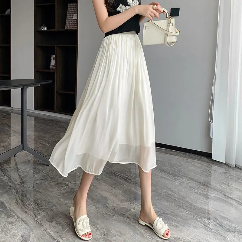 LVSANW New Spring and Summer Women's Solid Color High Waist Elastic Gauze Pleated A-Line Appear Thin Fashion Casual All Match Skirt