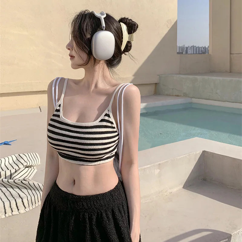 LVSANW New Striped High Waist Bikinis Three Pieces Swimsuit Women Swimwear Sports Beach Wear Bathing Suits Korean Bikini Set Pool 2024