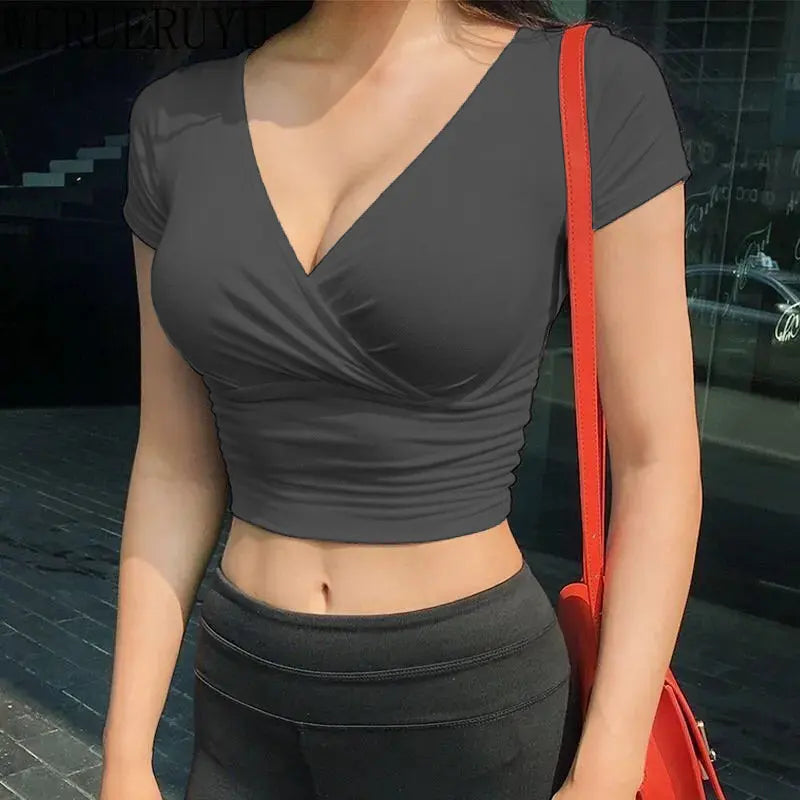 LVSANW New Summer Black Sexy V-neck T-shirt Short Sleeve Y2k Crop Top Women Clothes Streetwear Korean Fashion Corset Tops Tshirts 2024