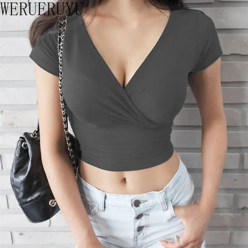 LVSANW New Summer Black Sexy V-neck T-shirt Short Sleeve Y2k Crop Top Women Clothes Streetwear Korean Fashion Corset Tops Tshirts 2024