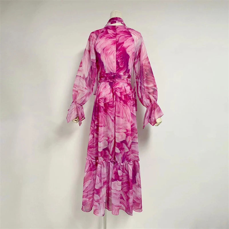 LVSANW New Summer Flower Print V-Neck Flare Sleeves+Ribbon Long Dress Elegant European And American Style Dresses For Women