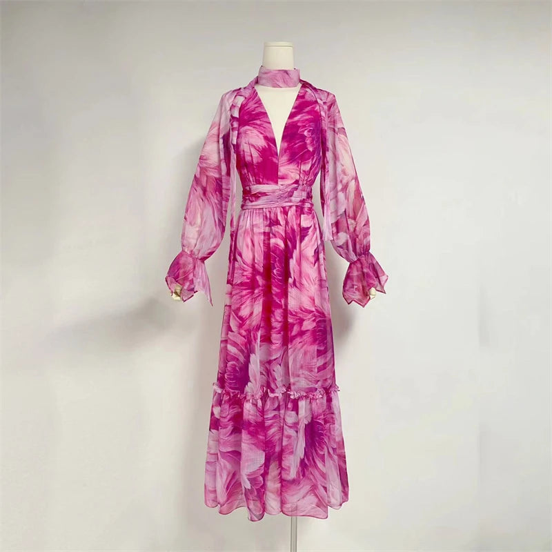 LVSANW New Summer Flower Print V-Neck Flare Sleeves+Ribbon Long Dress Elegant European And American Style Dresses For Women