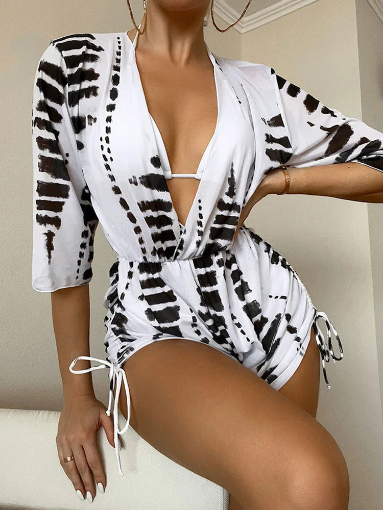 LVSANW New Summer Women Geometric Print 3 Pieces Swimsuit Drawstring Mesh Bodysuit+Micro Bikini Swimwear Push Up Bathing Suit Beachwear