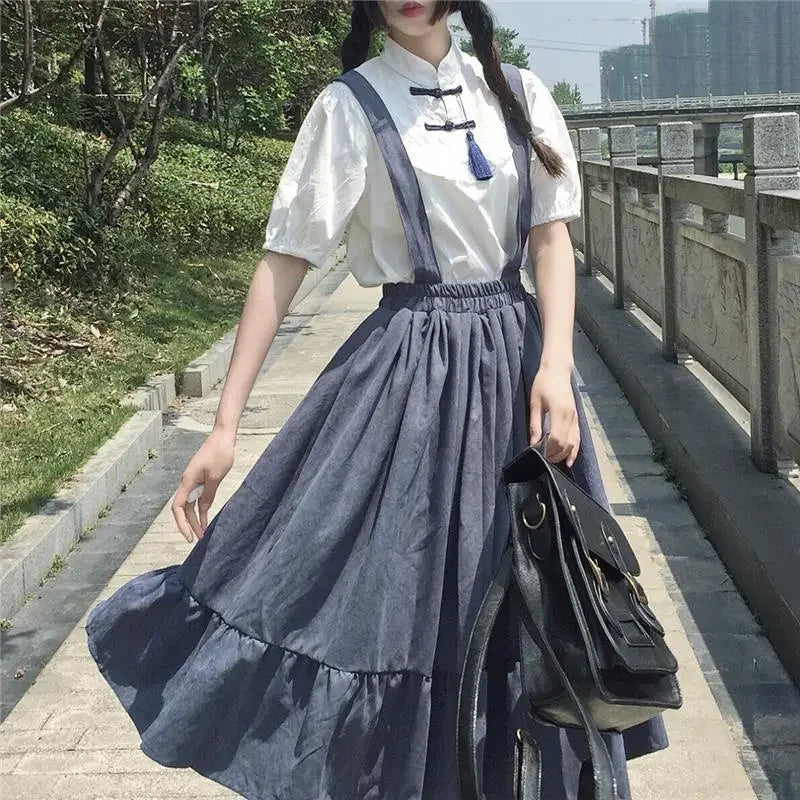 LVSANW New Sweet Women Skirt Preppy Style Strap Long Skirt Ruffles Loose Cute Student Casual Skirt Female Skirts 2023 HOT