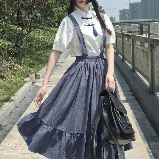 LVSANW New Sweet Women Skirt Preppy Style Strap Long Skirt Ruffles Loose Cute Student Casual Skirt Female Skirts 2023 HOT