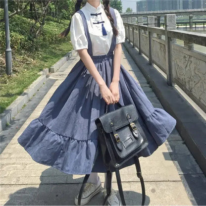 LVSANW New Sweet Women Skirt Preppy Style Strap Long Skirt Ruffles Loose Cute Student Casual Skirt Female Skirts 2023 HOT