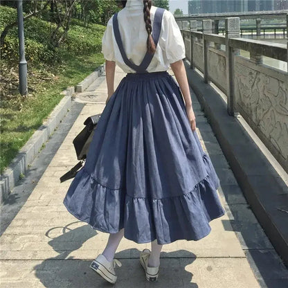 LVSANW New Sweet Women Skirt Preppy Style Strap Long Skirt Ruffles Loose Cute Student Casual Skirt Female Skirts 2023 HOT