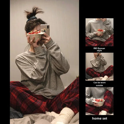 LVSANW New Trendy Korean Simple Striped Tweed Style Loose-fit Women's Pajama Homewear Autumn Winter Sleepwear Student Uniform