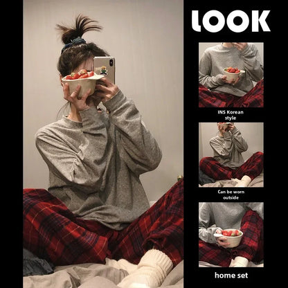 LVSANW New Trendy Korean Simple Striped Tweed Style Loose-fit Women's Pajama Homewear Autumn Winter Sleepwear Student Uniform