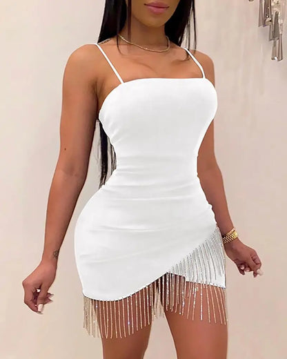 LVSANW New Woman Party Night Birthday Tassel Split Sleeveless Bodycon Dress Summer Elegant Suspender Short Mini Pencil Sexy Dresses