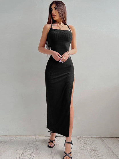 LVSANW New Women Backless Bandage Bodycon Dress Summer Sexy Halter Neck Split Party Dresses Ladies Casual Solid Long Robe CC22157PF