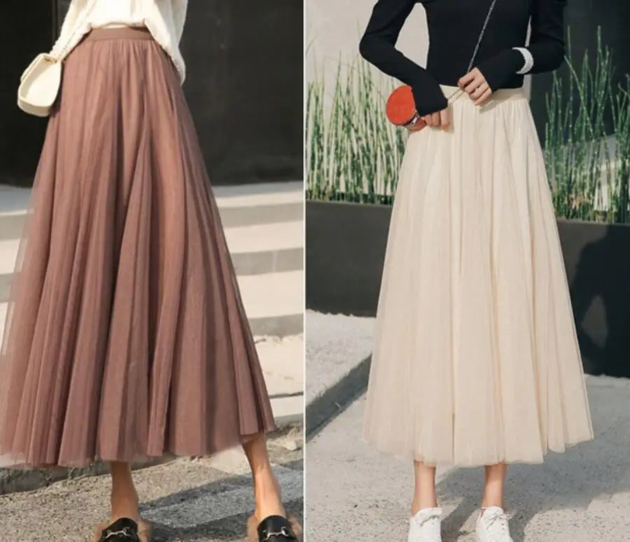 LVSANW New Women Mesh Elastic Tutu Skirt Beach Spring Summer Korean High Waist Fashion Pleated Long Skirt Black White Tulle Skirts