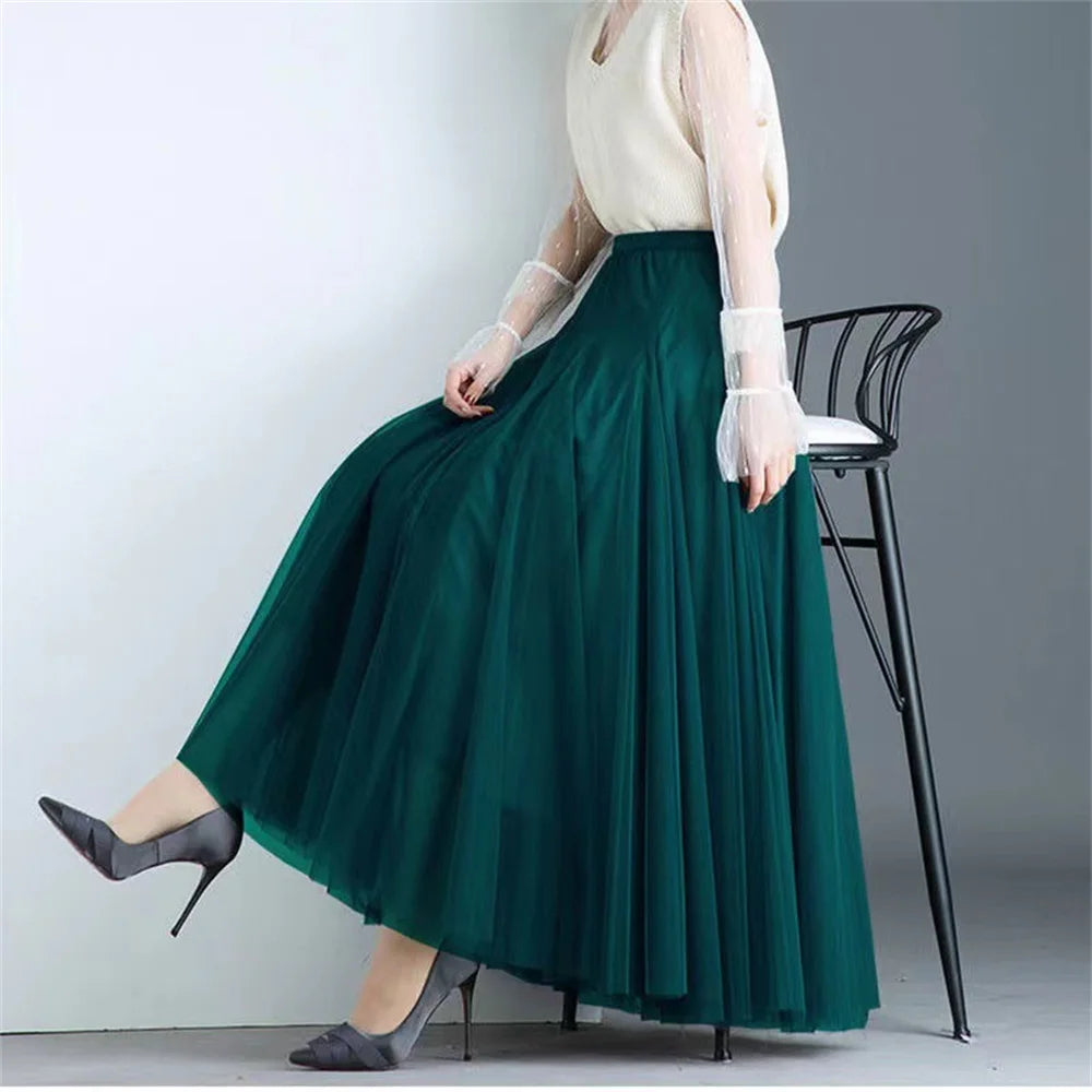 LVSANW New Women Mesh Elastic Tutu Skirt Beach Spring Summer Korean High Waist Fashion Pleated Long Skirt Black White Tulle Skirts