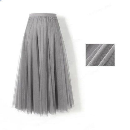 LVSANW New Women Mesh Elastic Tutu Skirt Beach Spring Summer Korean High Waist Fashion Pleated Long Skirt Black White Tulle Skirts