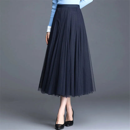 LVSANW New Women Mesh Elastic Tutu Skirt Beach Spring Summer Korean High Waist Fashion Pleated Long Skirt Black White Tulle Skirts