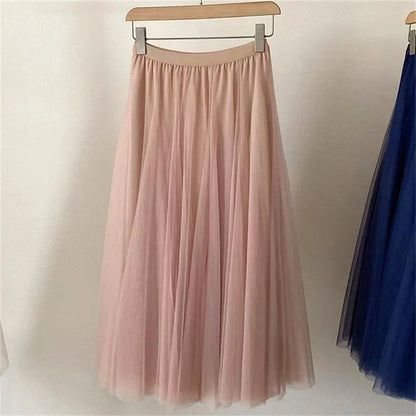 LVSANW New Women Mesh Elastic Tutu Skirt Beach Spring Summer Korean High Waist Fashion Pleated Long Skirt Black White Tulle Skirts