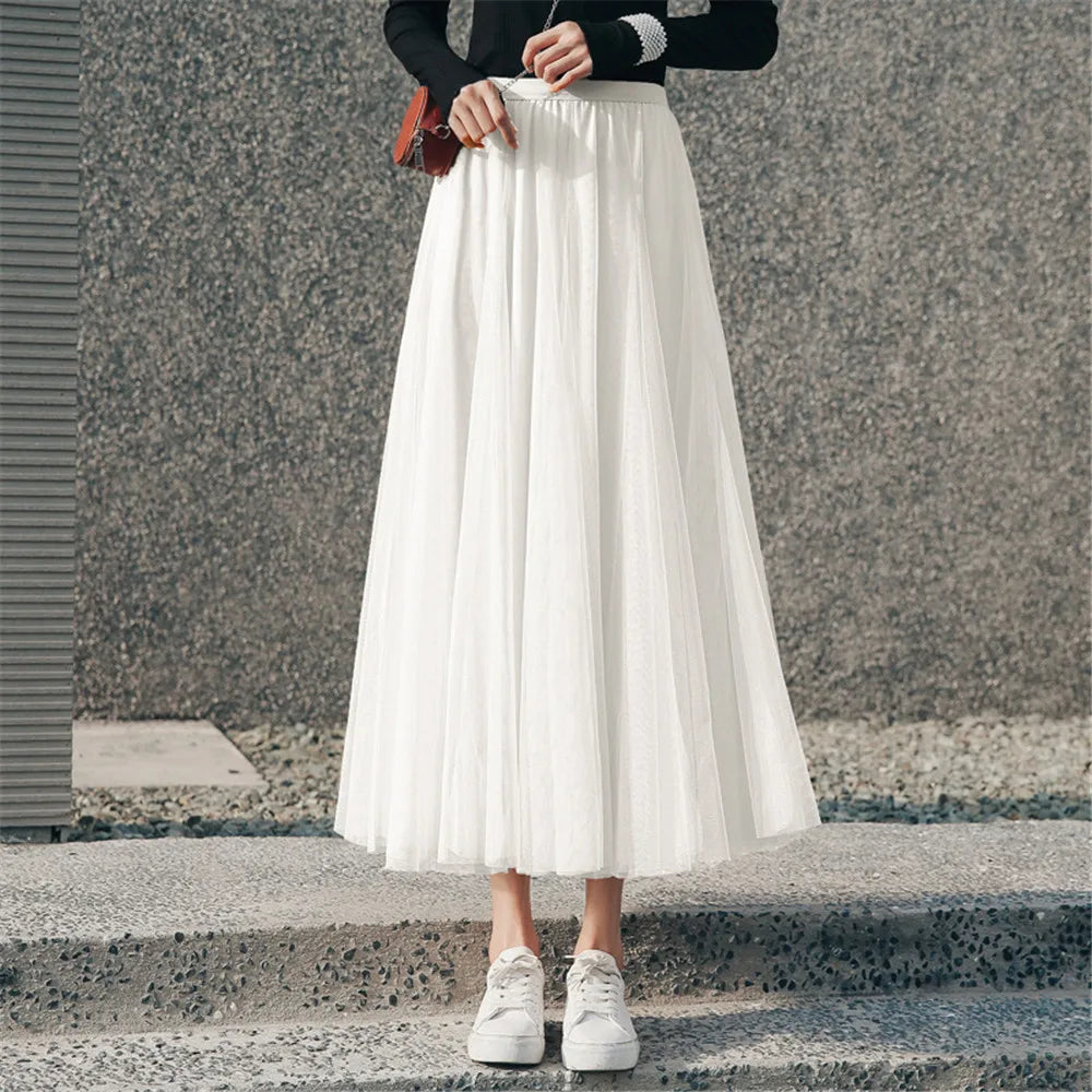 LVSANW New Women Mesh Elastic Tutu Skirt Beach Spring Summer Korean High Waist Fashion Pleated Long Skirt Black White Tulle Skirts