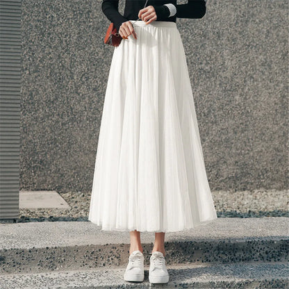 LVSANW New Women Mesh Elastic Tutu Skirt Beach Spring Summer Korean High Waist Fashion Pleated Long Skirt Black White Tulle Skirts