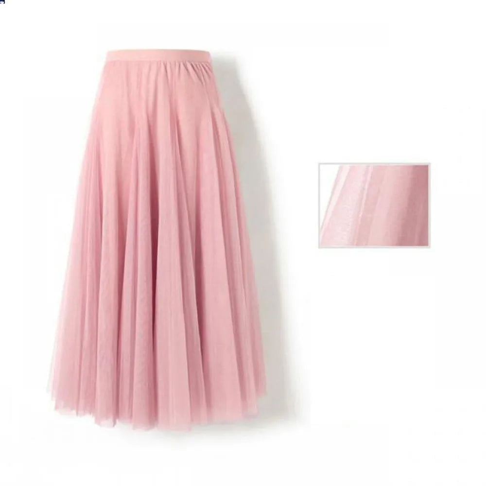 LVSANW New Women Mesh Elastic Tutu Skirt Beach Spring Summer Korean High Waist Fashion Pleated Long Skirt Black White Tulle Skirts