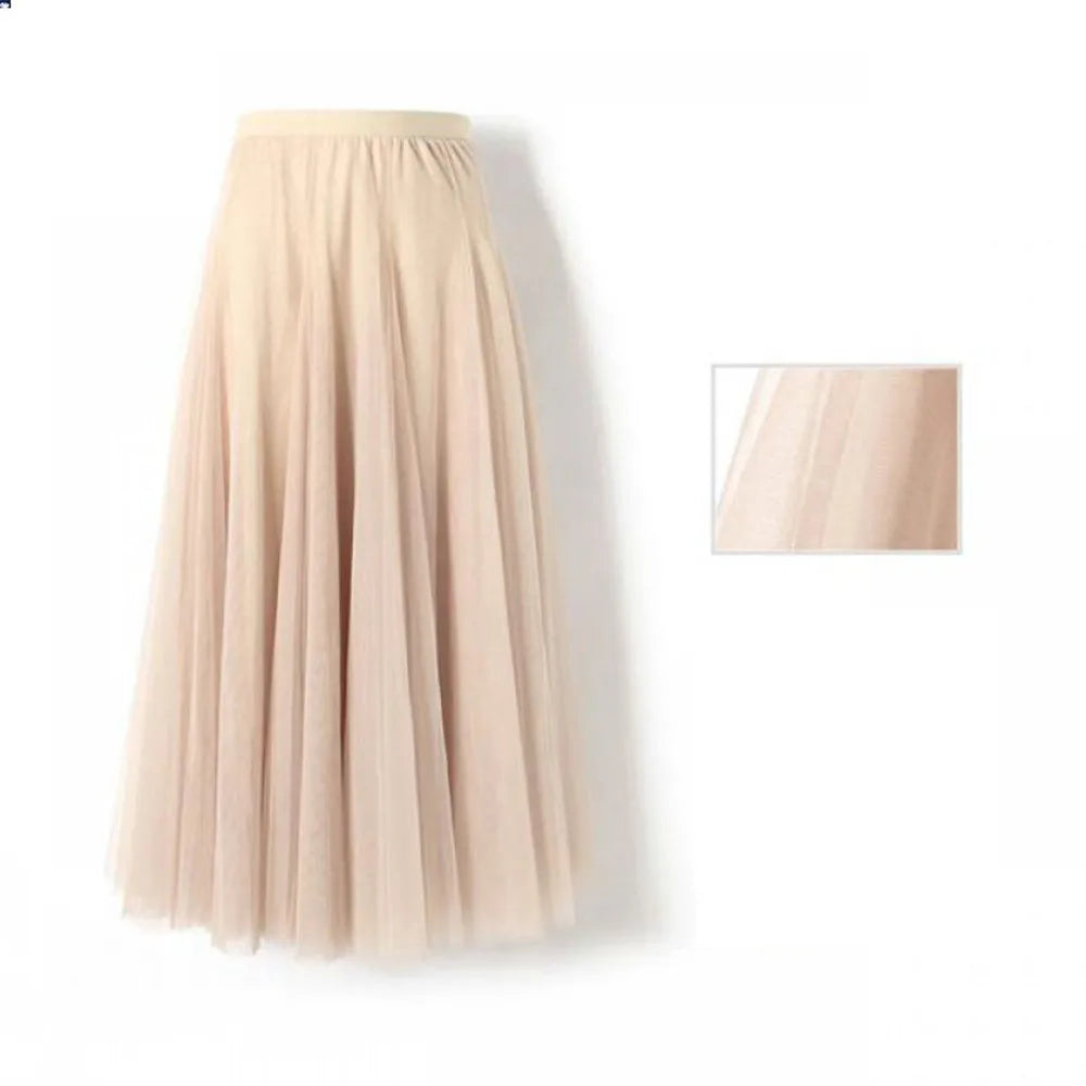 LVSANW New Women Mesh Elastic Tutu Skirt Beach Spring Summer Korean High Waist Fashion Pleated Long Skirt Black White Tulle Skirts