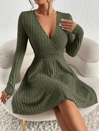 LVSANW New for autumn/Winter 2024 Women Knit Slim Sexy Bodycon Dress V-Neck Long Sleeve Dress Solid Casual Midi Sweater Dress