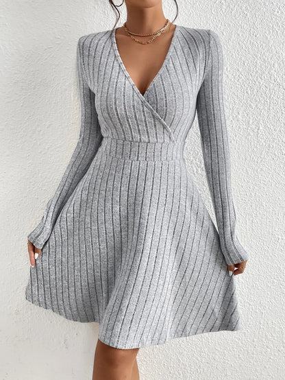 LVSANW New for autumn/Winter 2024 Women Knit Slim Sexy Bodycon Dress V-Neck Long Sleeve Dress Solid Casual Midi Sweater Dress