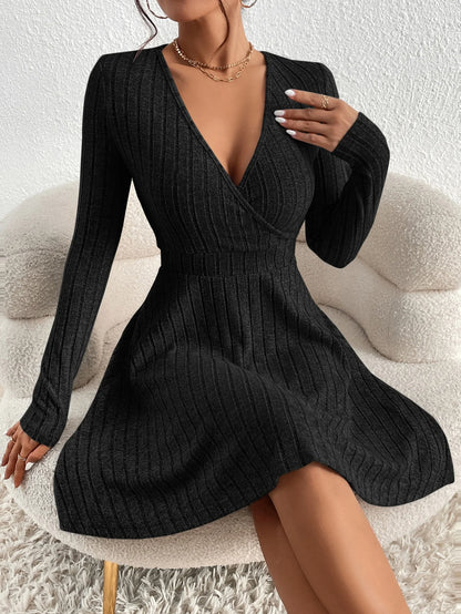 LVSANW New for autumn/Winter 2024 Women Knit Slim Sexy Bodycon Dress V-Neck Long Sleeve Dress Solid Casual Midi Sweater Dress