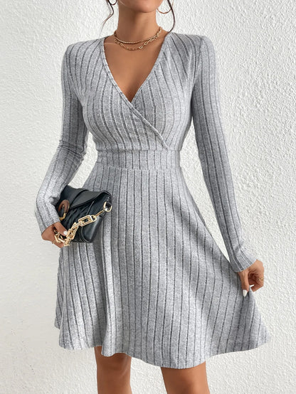 LVSANW New for autumn/Winter 2024 Women Knit Slim Sexy Bodycon Dress V-Neck Long Sleeve Dress Solid Casual Midi Sweater Dress