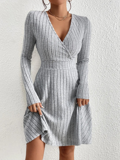 LVSANW New for autumn/Winter 2024 Women Knit Slim Sexy Bodycon Dress V-Neck Long Sleeve Dress Solid Casual Midi Sweater Dress