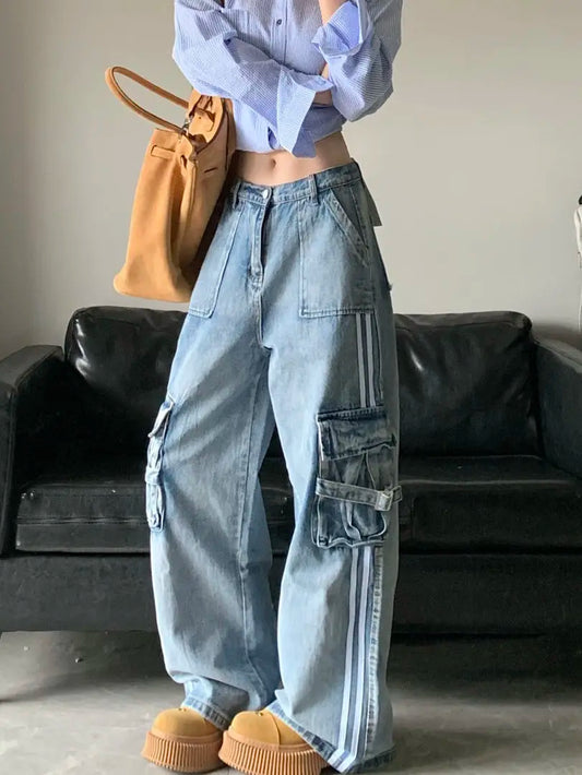 LVSANW New high waisted striped blue large pocket workwear jeans for women Y2k retro loose fitting slimming wide leg pants