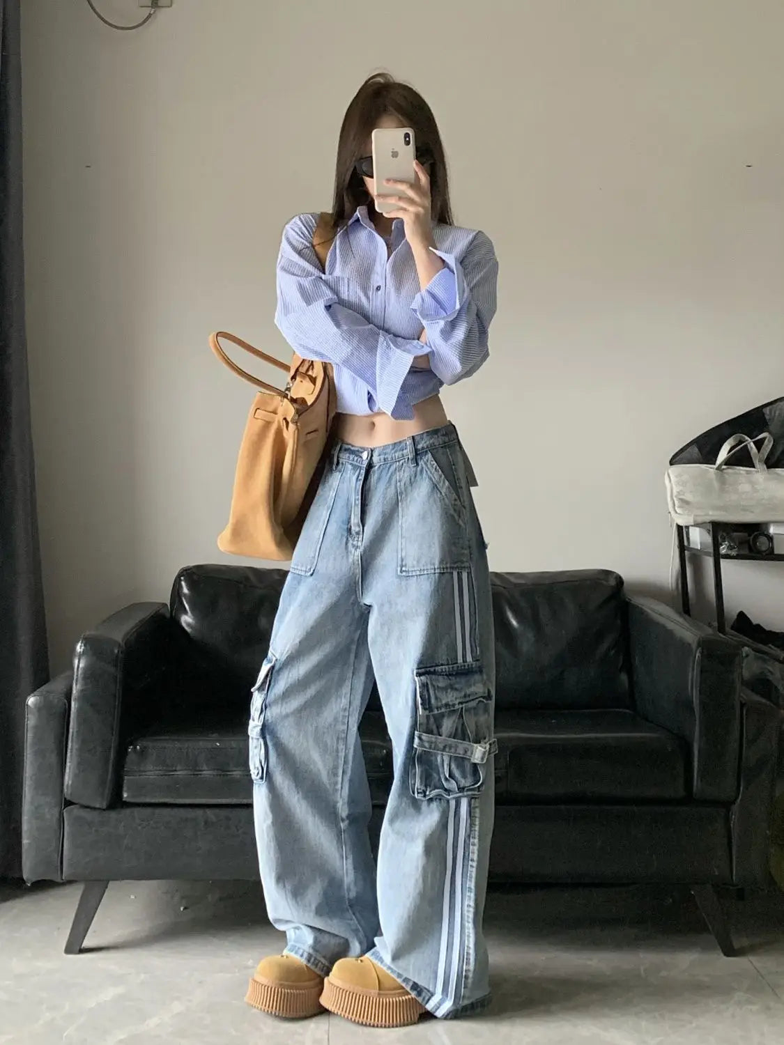 LVSANW New high waisted striped blue large pocket workwear jeans for women Y2k retro loose fitting slimming wide leg pants