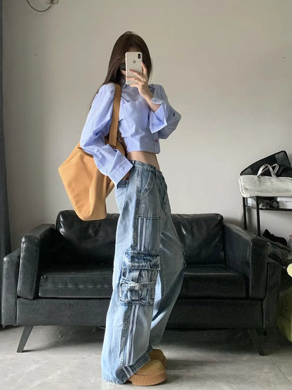 LVSANW New high waisted striped blue large pocket workwear jeans for women Y2k retro loose fitting slimming wide leg pants