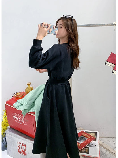 LVSANW New in Spring Autumn Knitted Dress for Women Casual Loose Long Sleeves A-LINE Oversize Solid Midi Dress Korean Fashion Clothing