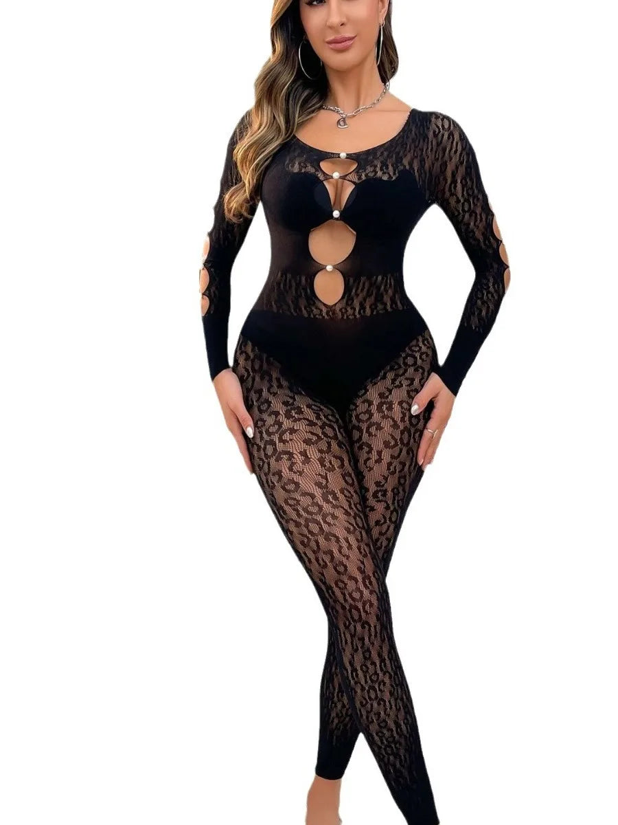 LVSANW New sexy one piece jumpsuit in women long sleeved shiny mesh hollow perspective High Strecth Solid color Appear thin jumpsuit 6Z