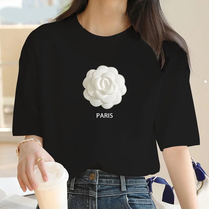 LVSANW New women T-shirt Fashion White floral print top T-shirt Women short sleeve o neck T-shirt T-shirt Women summer cute shirt