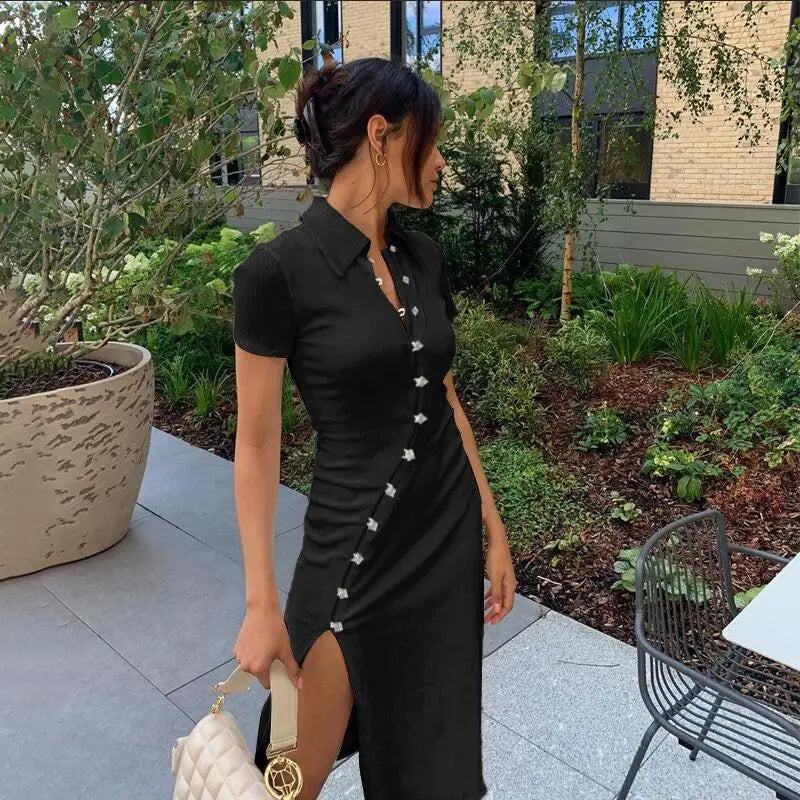 LVSANW New women's temperament commuting shirt collar button slanted edge slit long dress solid color splicing