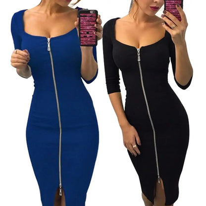 LVSANW Newest Women Sexy Solid Color Zip UP V Neck Elbow Sleeve Bodycon Stretchy Party Christmas Elegant Dresses For New Year 2024