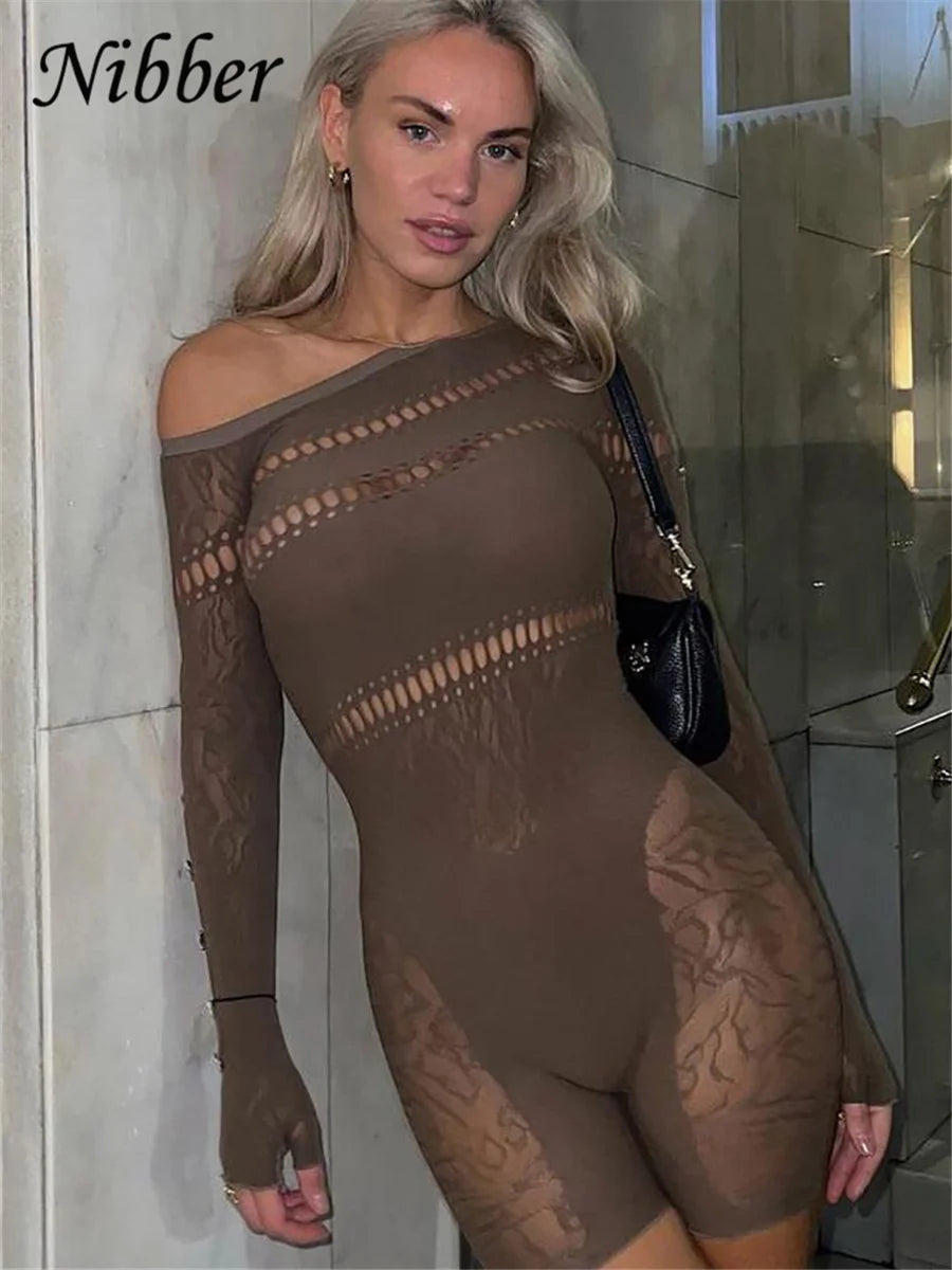 LVSANW Nibber Lace Hollowing Mesh See Through Midnight Playsuits Women Sexy Inclined Shoulder Long Sleeve Patchwork Skinny Rompers Club