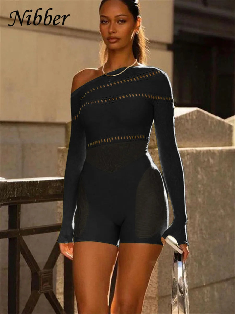 LVSANW Nibber Lace Hollowing Mesh See Through Midnight Playsuits Women Sexy Inclined Shoulder Long Sleeve Patchwork Skinny Rompers Club