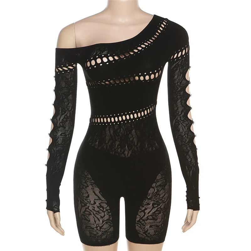 LVSANW Nibber Lace Hollowing Mesh See Through Midnight Playsuits Women Sexy Inclined Shoulder Long Sleeve Patchwork Skinny Rompers Club