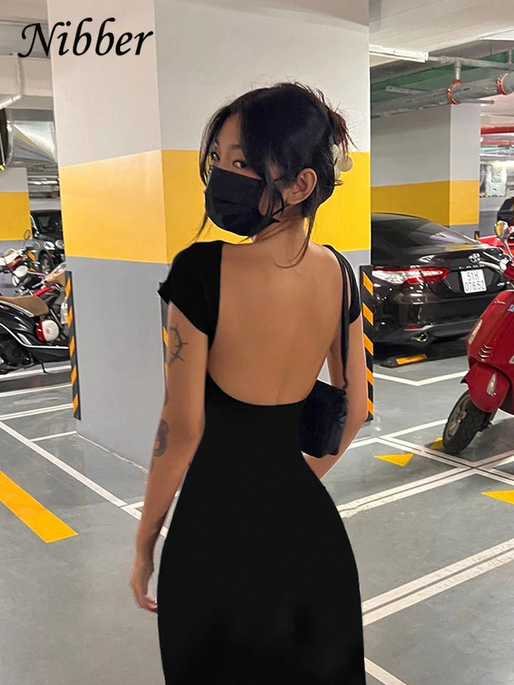 LVSANW Nibber Solid Sexy Backless Maxi Dress Women Elegant Elastic Slim Short Sleeve Long dresses Female Bodycon Streetwear Clothing