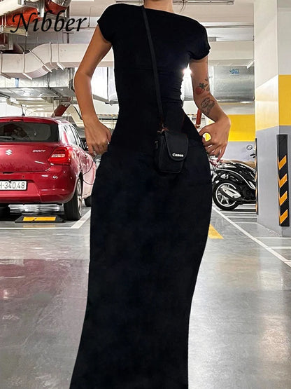 LVSANW Nibber Solid Sexy Backless Maxi Dress Women Elegant Elastic Slim Short Sleeve Long dresses Female Bodycon Streetwear Clothing