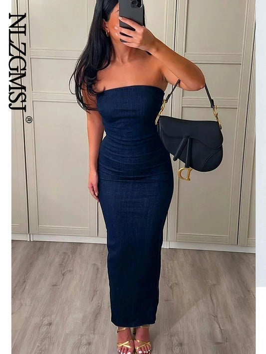 LVSANW Nlzgmsj TRAF Sexy Strapless Backless Zipper Split Dress Party Blue Denim Female Long Dress for Women Summer Evening Dresses