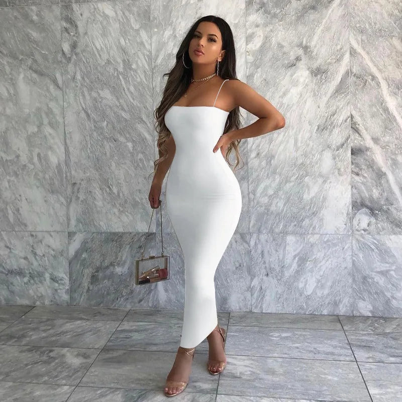 LVSANW Nsangu 2024 Autumn Winter Women Solid White Black Strap Midi Dress Bodycon Sexy Streetwear Party Club Elegant Fashion Clothes