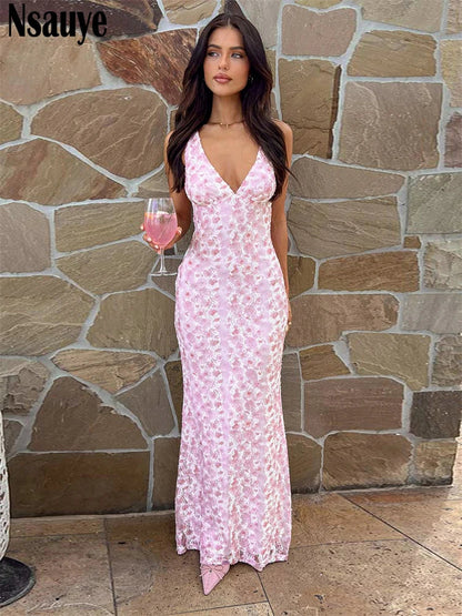 LVSANW Nsauye Dresses Vestido Summer Clothes Sleeveless Bodycon Women Long Maxi Sexy Fashion Elegant 2024 Lace Club Flowers Pink Dress