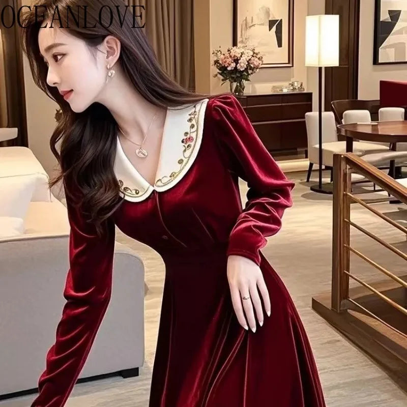 LVSANW OCEANLOVE Velvet Dresses Women French Style Vintage Evening Party Vestidos Mujer Autumn Winter Elegant A-line Long Dress