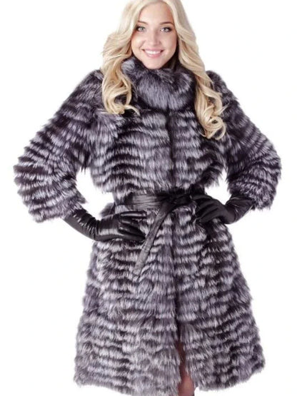 LVSANW OFTBUY 2025 Winter Jacket Women Real Natural Silver Fox Fur Long Thick Warm Outerwear Streetwear Knitting