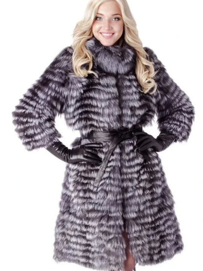 LVSANW OFTBUY 2025 Winter Jacket Women Real Natural Silver Fox Fur Long Thick Warm Outerwear Streetwear Knitting