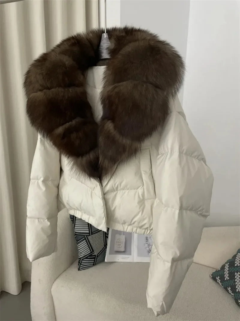 LVSANW OFTBUY 2025 Big Natural Real Fox Fur Coat Women Autumn Winter Female 90% White Duck Down Jacket Feather Short  Coat Thick Warm